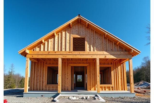 Houten frame van een huis in aanbouw met blauwe lucht op de achtergrond